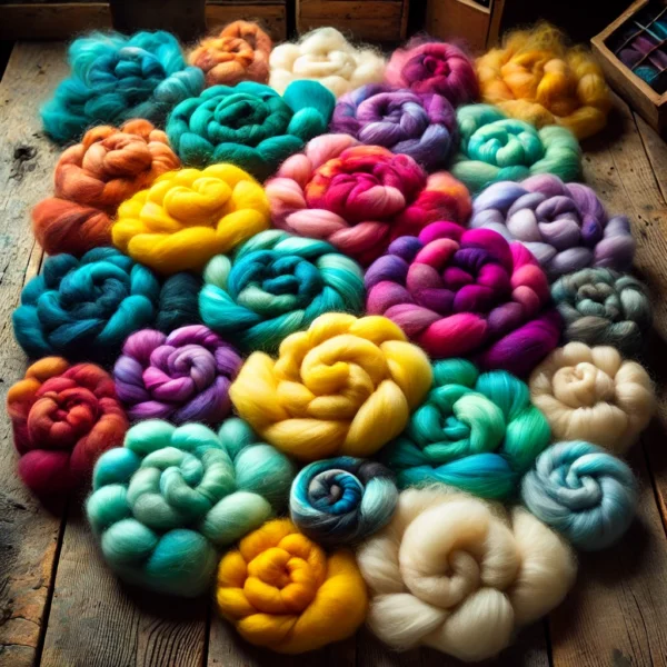 DALL·E 2024-09-23 12.56.26 - A vibrant and colorful display of wool roving in a variety of shades. Include bright, eye-catching colors like sunny yellow, rich teal, soft pink, dee