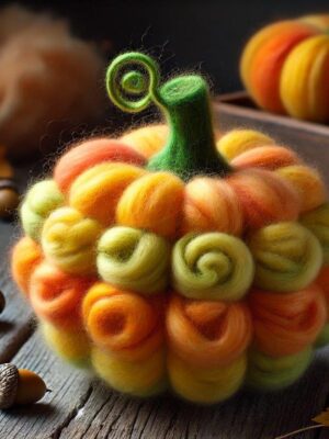 DALL·E 2024-10-07 15.07.45 - A cozy autumn scene featuring a handmade pumpkin crafted from colorful wool roving, with vibrant orange, yellow, and green hues. The pumpkin is made o