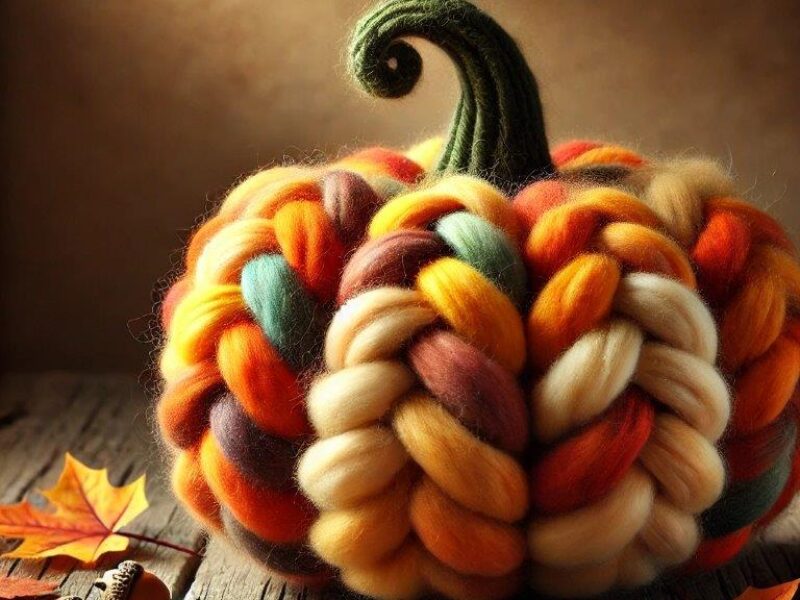 DALL·E 2024-10-07 15.08.14 - A charming handmade pumpkin crafted from colorful wool roving, braided in a chunky, twisted braid pattern to form a realistic pumpkin shape. The pumpk