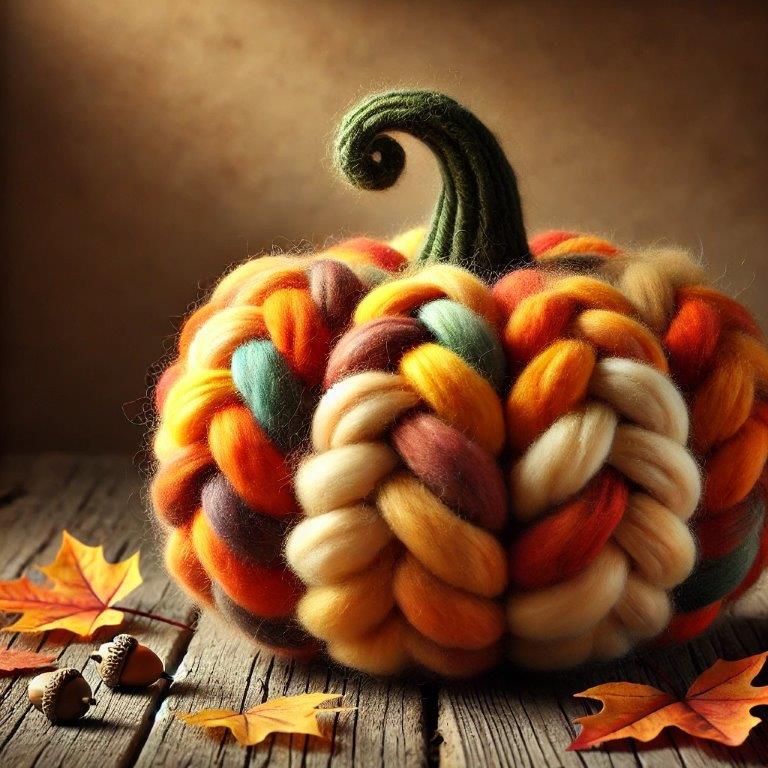 DALL·E 2024-10-07 15.08.14 - A charming handmade pumpkin crafted from colorful wool roving, braided in a chunky, twisted braid pattern to form a realistic pumpkin shape. The pumpk