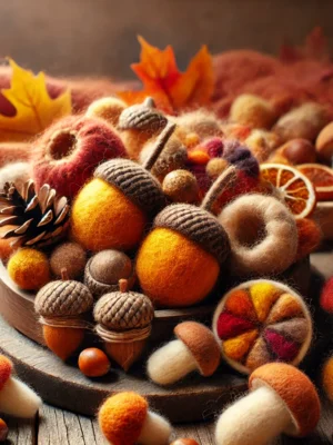 DALL·E 2024-10-07 15.09.27 - A warm, autumnal scene featuring a cozy arrangement of felted wool objects, including acorns, pinecones, and mushrooms. The objects are made with soft