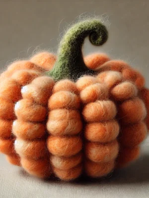 DALL·E 2024-10-07 15.10.37 - A felted wool pumpkin crafted from wool roving for Halloween. The pumpkin is soft and textured, with natural orange tones, and features detailed ridge